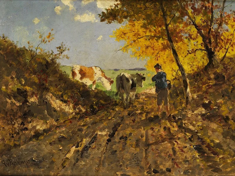 1839-Richard von Poschinger - Paesaggio autunnale con mucche